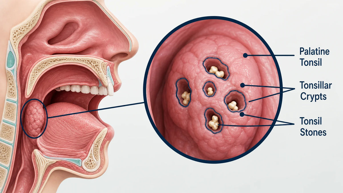 3D throat illustration showing hidden tonsil stones inside tonsillar crypts