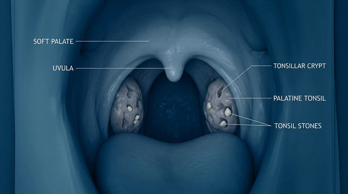 Anatomical illustration of tonsils with tonsil stones in the crypts
