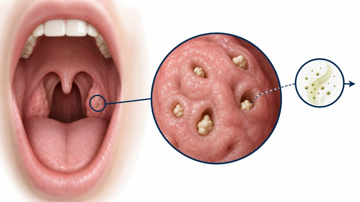 3D medical illustration of tonsil crypts containing small tonsil stones
