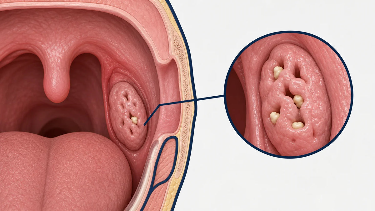 Textbook-style cross-section showing small tonsil stones lodged in tonsil crypts