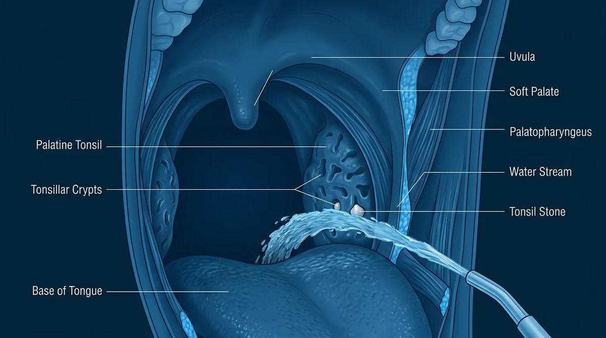 Illustration of a water stream cleaning tonsil crypts to remove stones