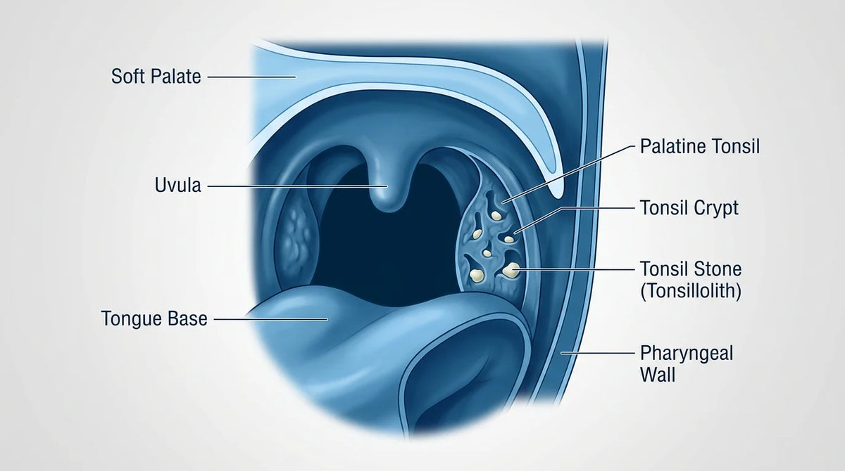 Anatomical cross-section illustration of tonsils with small stones in the crypts