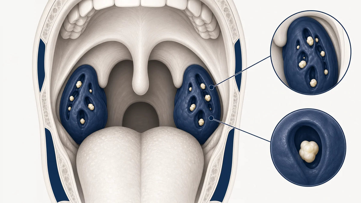 Medical illustration showing tonsil crypts with small tonsil stones