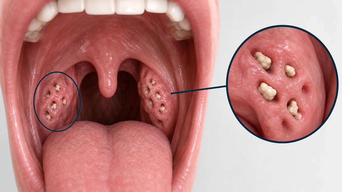 3D medical illustration of tonsil crypts containing small tonsil stones
