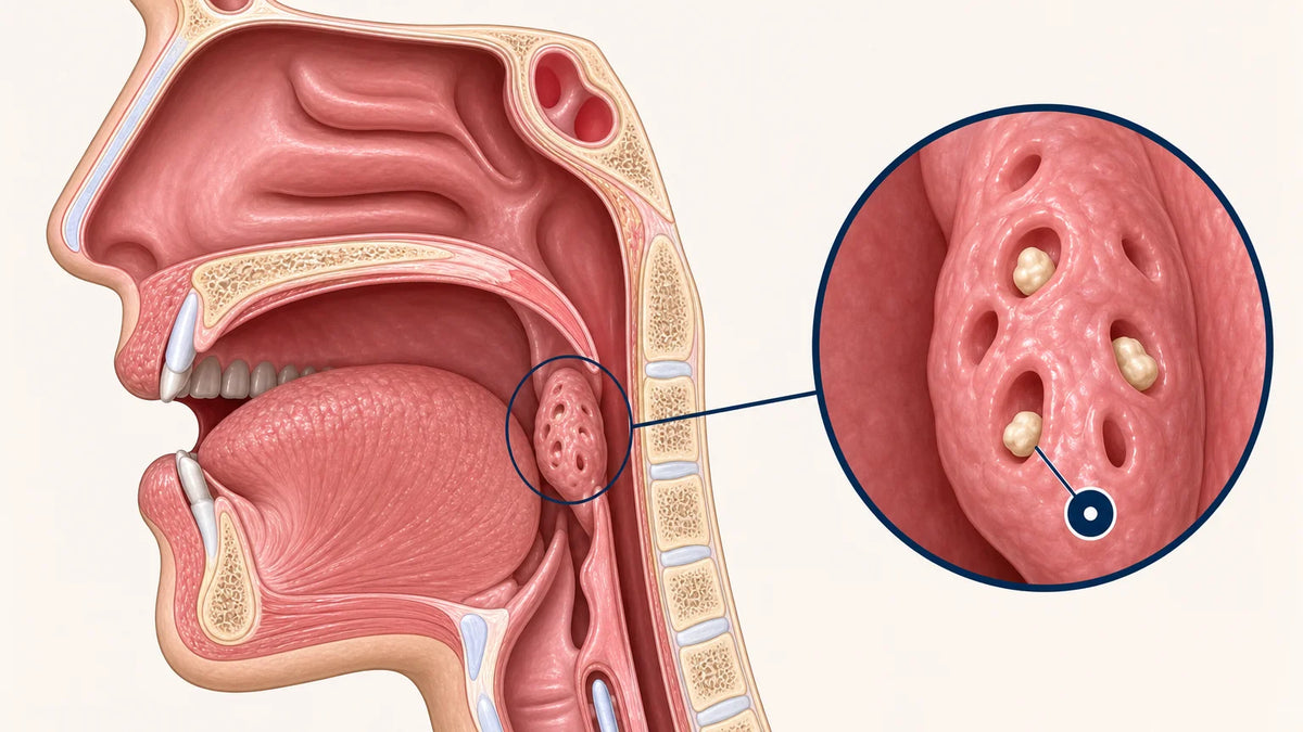 Medical illustration showing small stones lodged in tonsil crypts