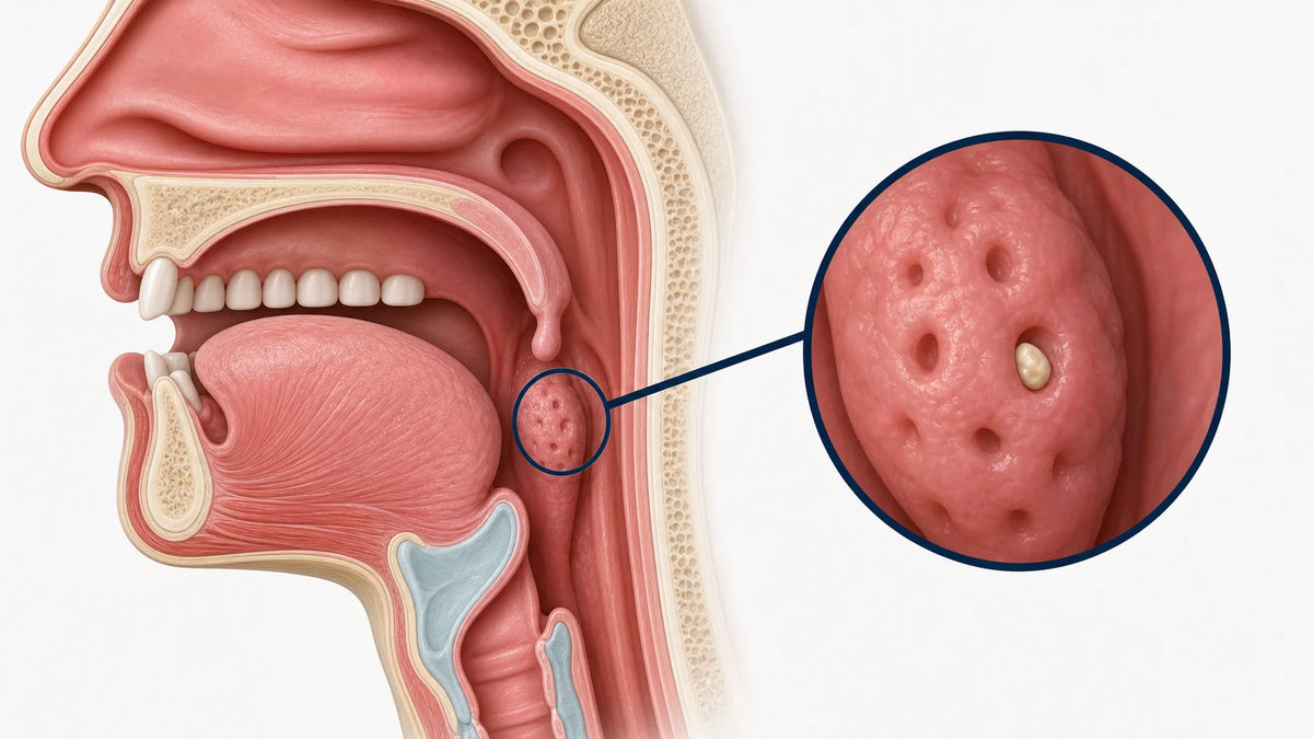 Textbook-style throat cross-section showing a tonsil stone lodged in a crypt