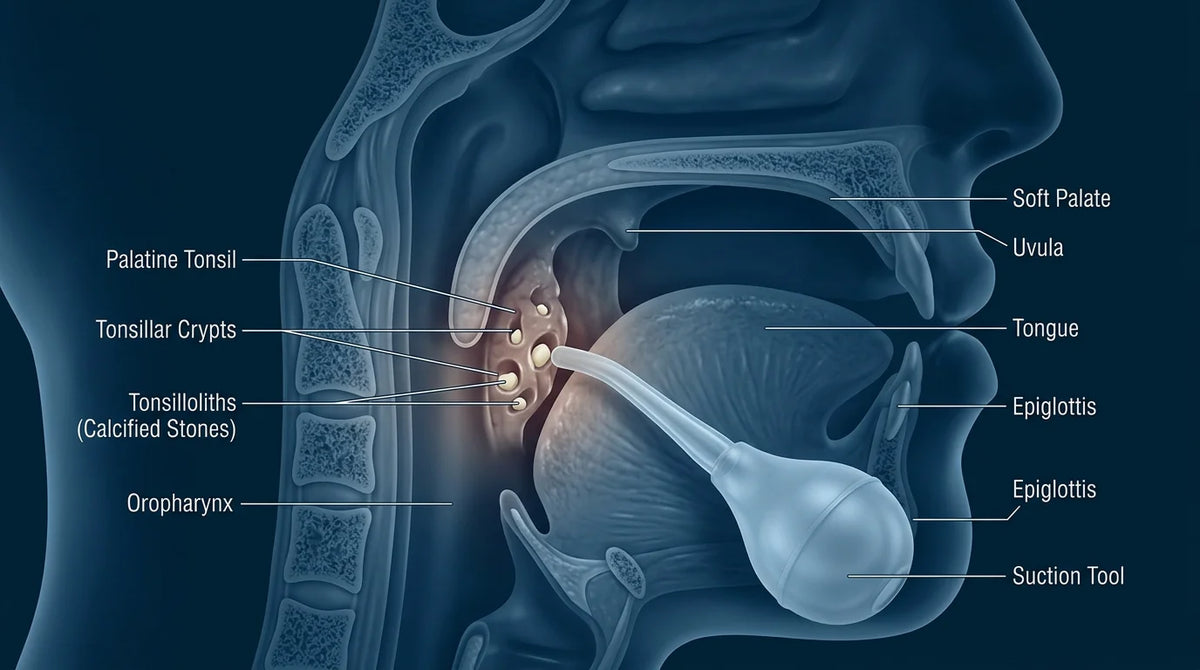 3D medical illustration of tonsils with crypts, stones, and a gentle suction tool