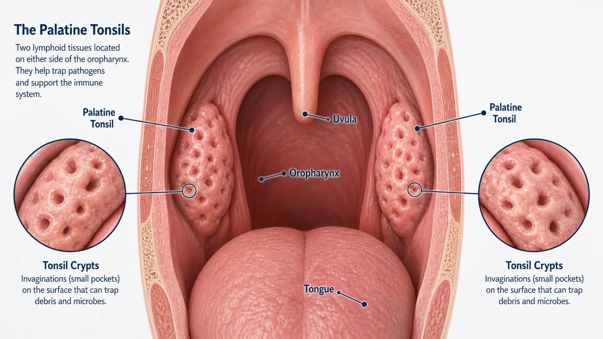 3D medical cross-section illustration of the throat showing the palatine tonsils and their position