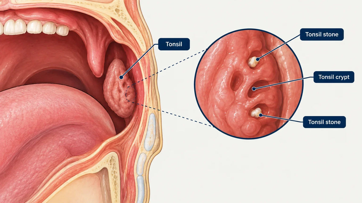 Medical illustration of tonsil stones lodged in tonsil crypts Image