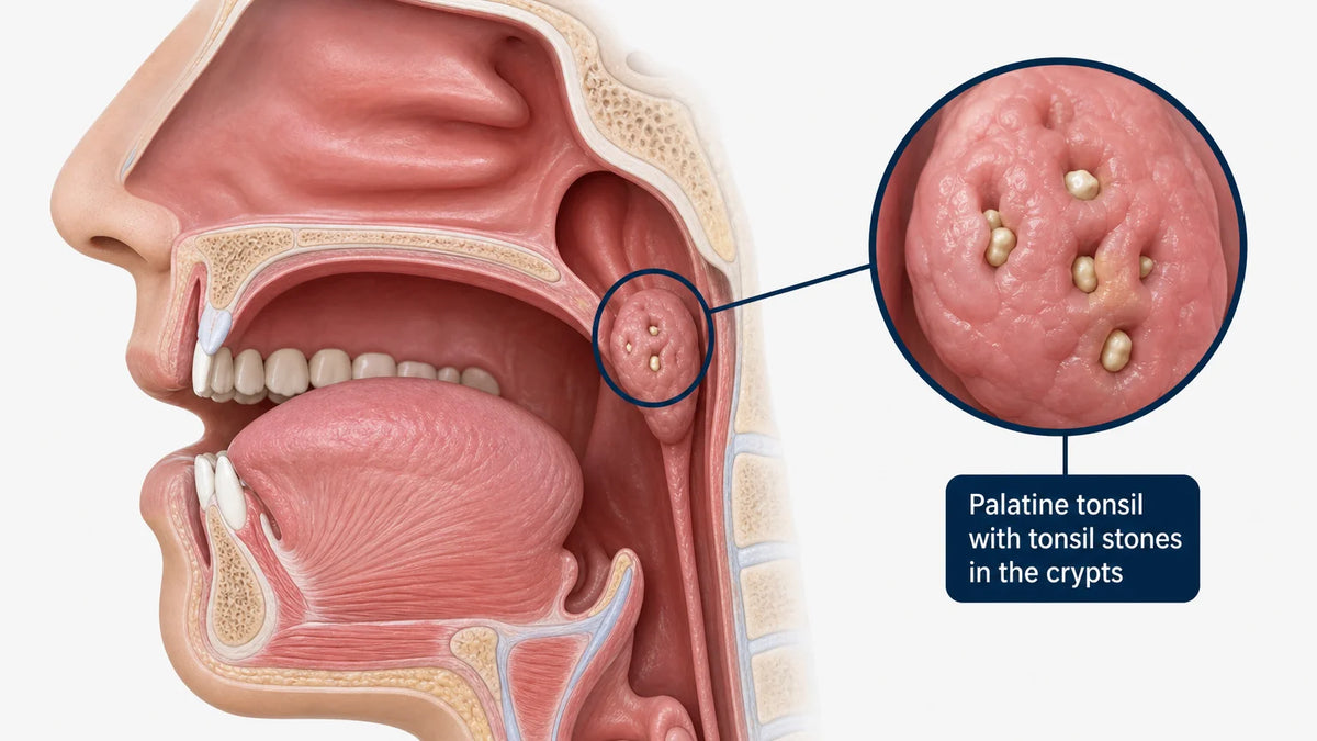 3D throat cross-section showing tonsil stones in crypts