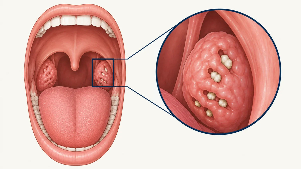 Medical illustration of tonsil stones lodged in tonsil crypts