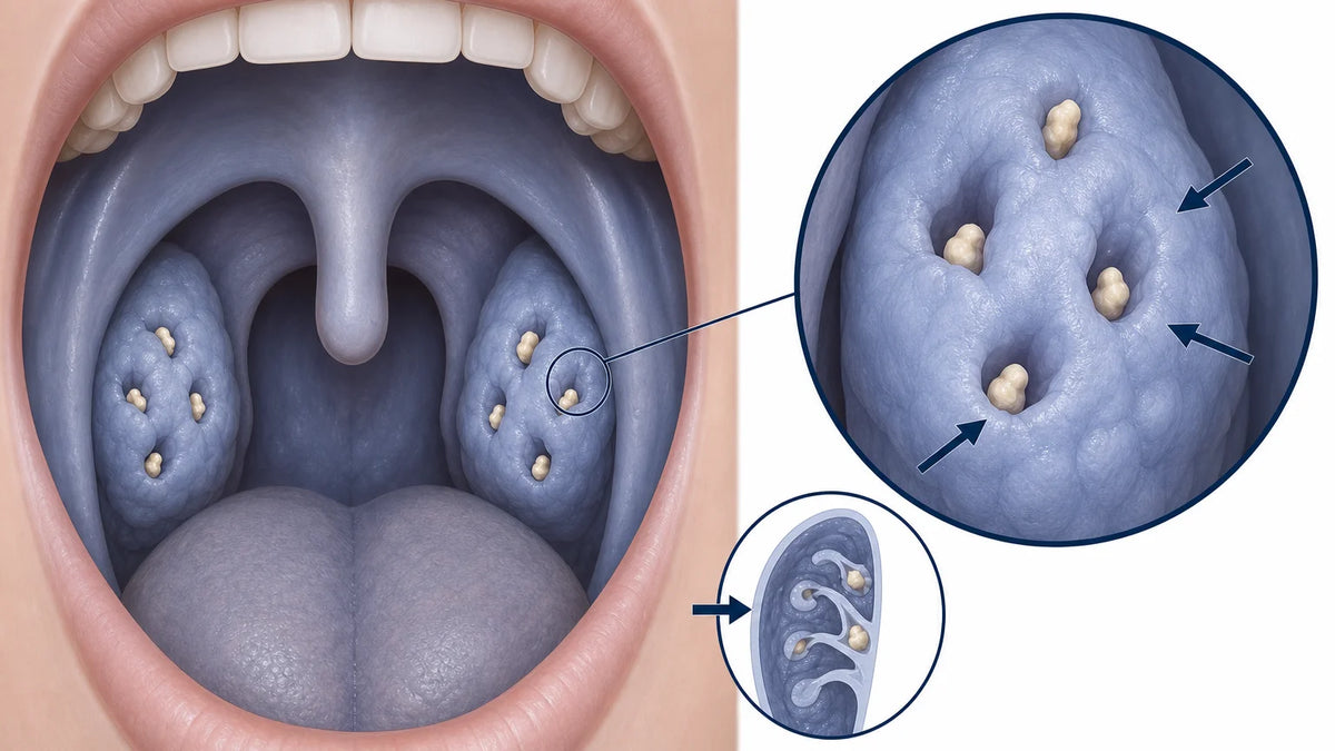 Medical illustration showing tonsil crypts and small tonsil stones