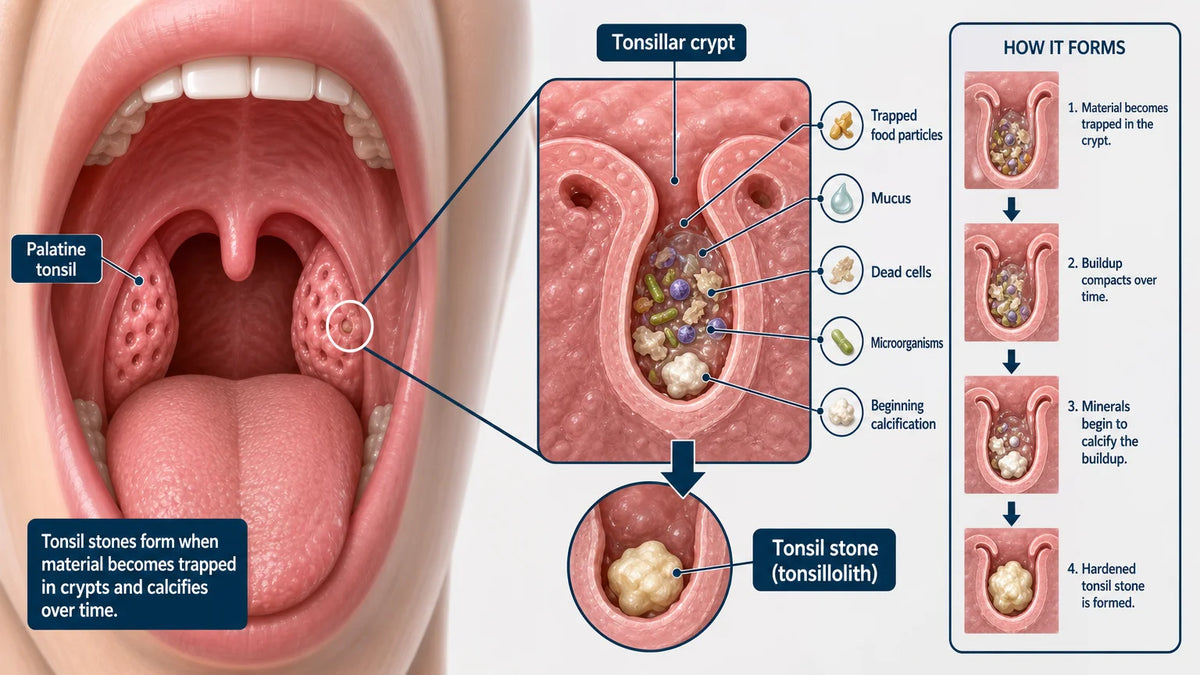 3D medical illustration showing tonsil crypts containing small tonsil stones