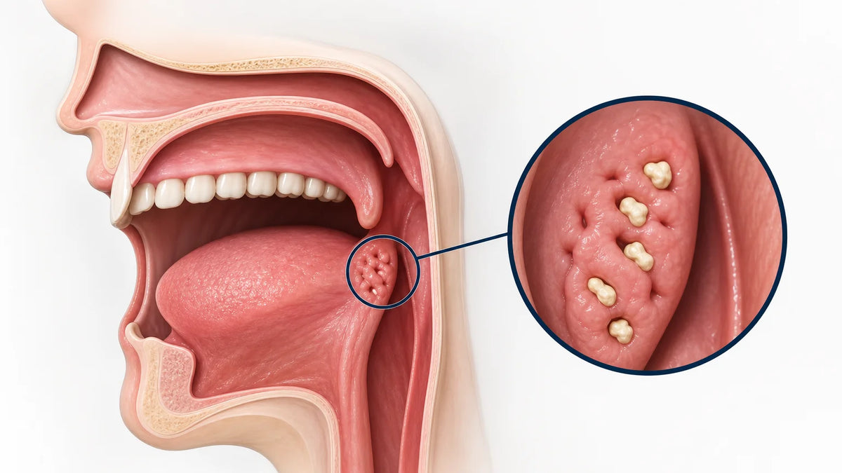 3D medical illustration of tonsil stones lodged in tonsil crypts
