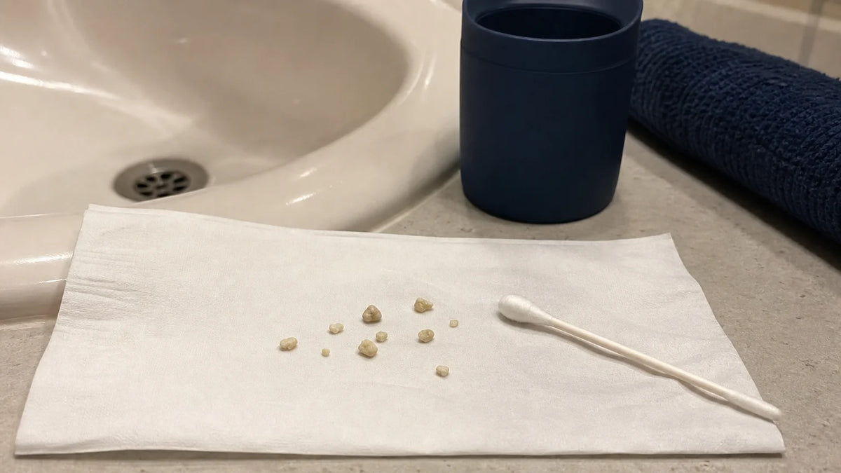 Small white-yellow tonsil stones on tissue beside a cotton swab in a bathroom