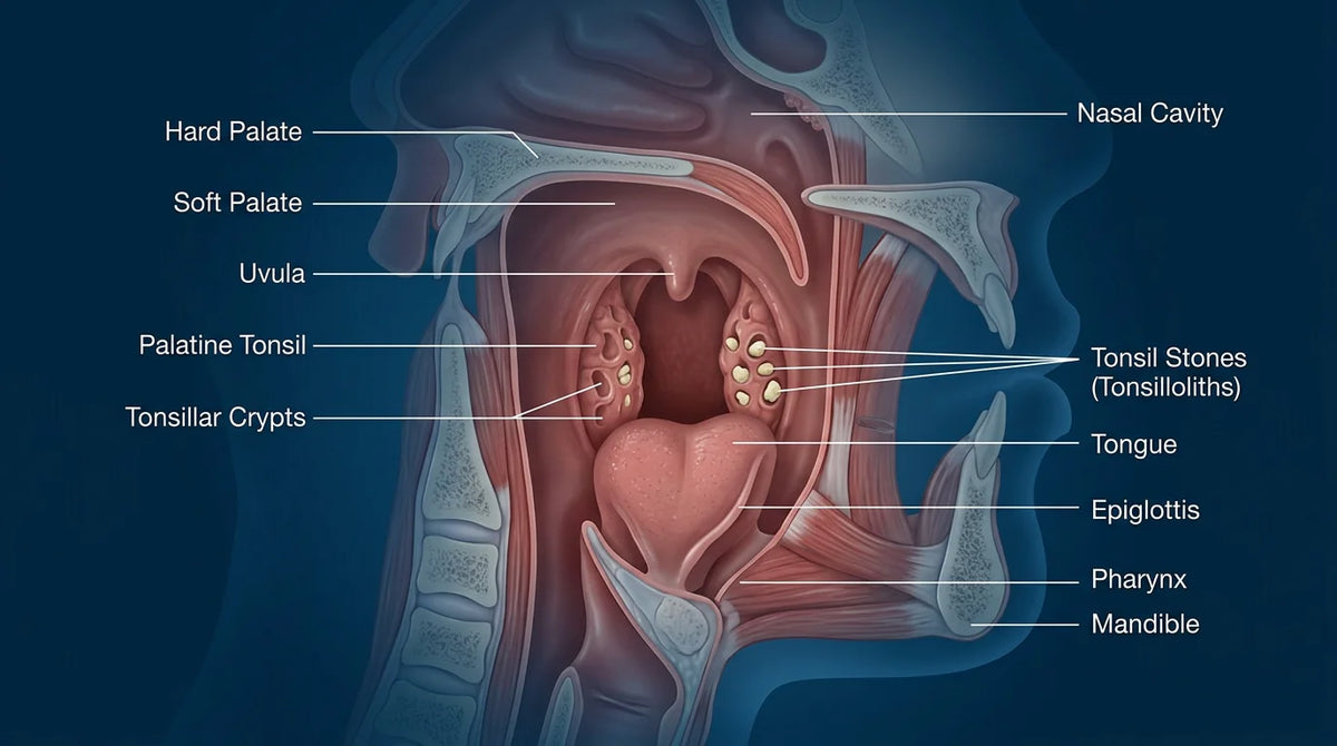 3D medical illustration of a throat cross-section showing tonsil stones inside tonsillar crypts