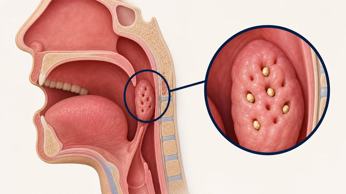 3D medical cross-section showing tonsil stones lodged in tonsil crypts