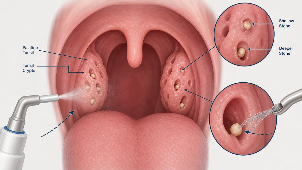 3D medical illustration of tonsil crypts with stones and two gentle care methods