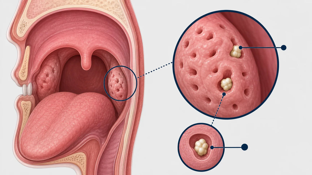 3D medical illustration of tonsil stones lodged in tonsil crypts