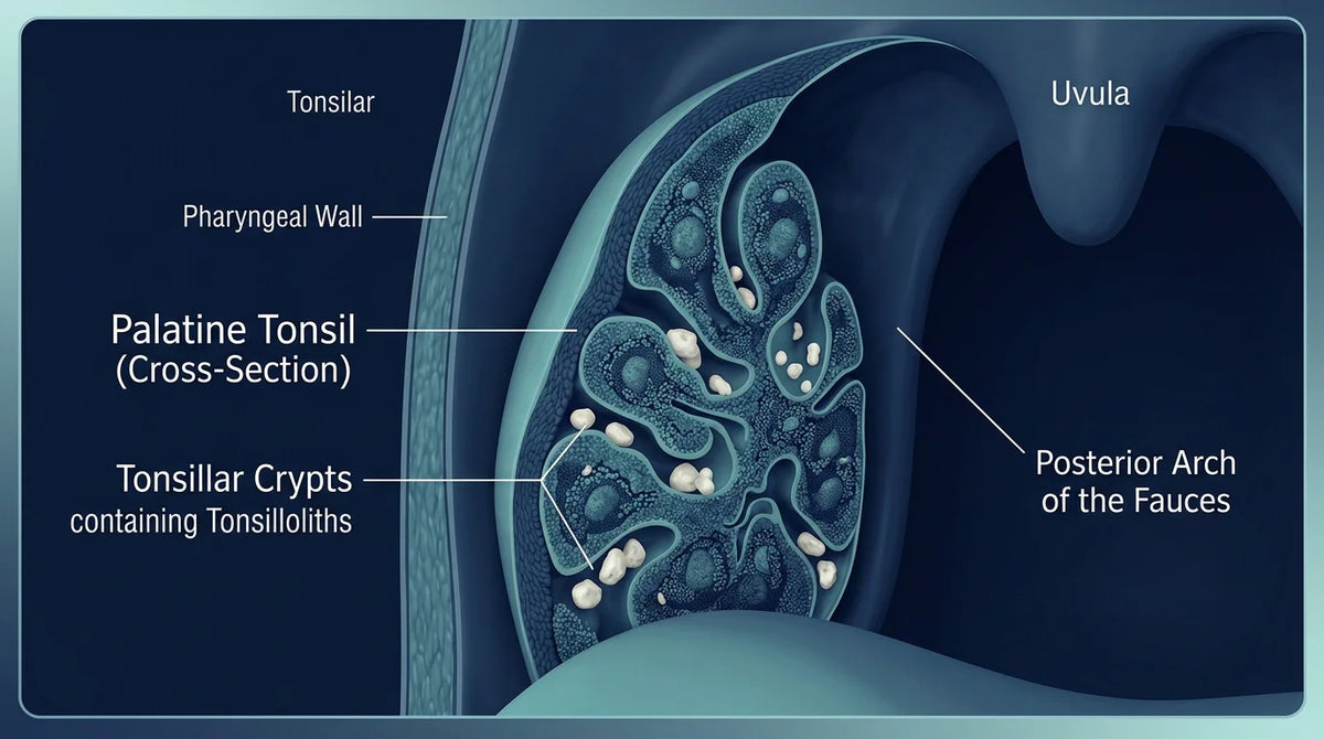 3D medical illustration of tonsil crypts holding small pale stones