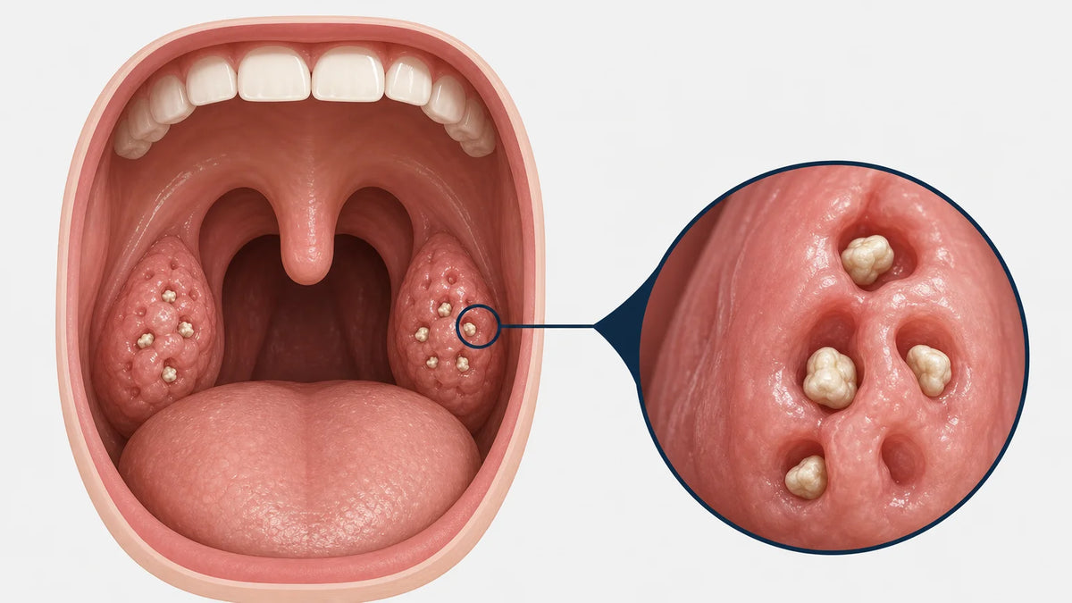 Medical illustration of tonsil crypts containing small tonsil stones