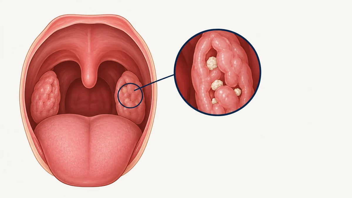Medical cross-section showing tonsil stones in crypts