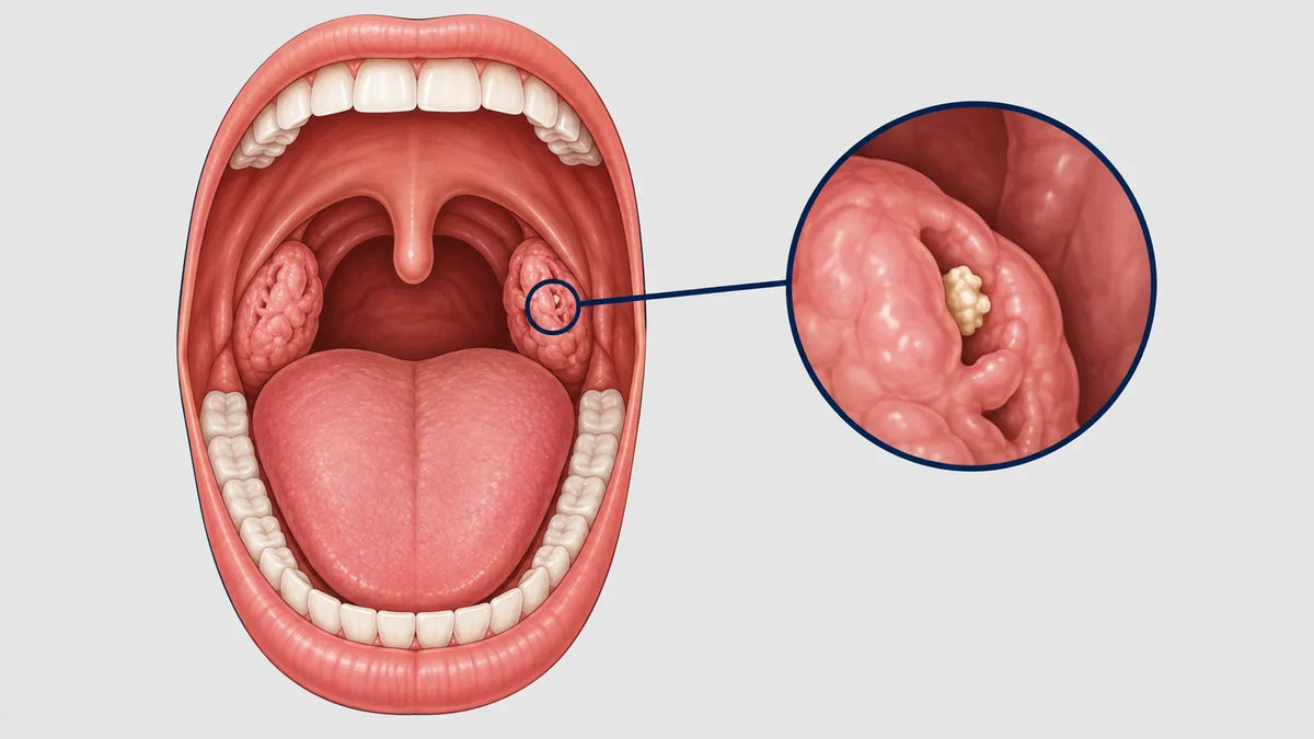 Cross-section showing a small tonsil stone lodged in a tonsil crypt