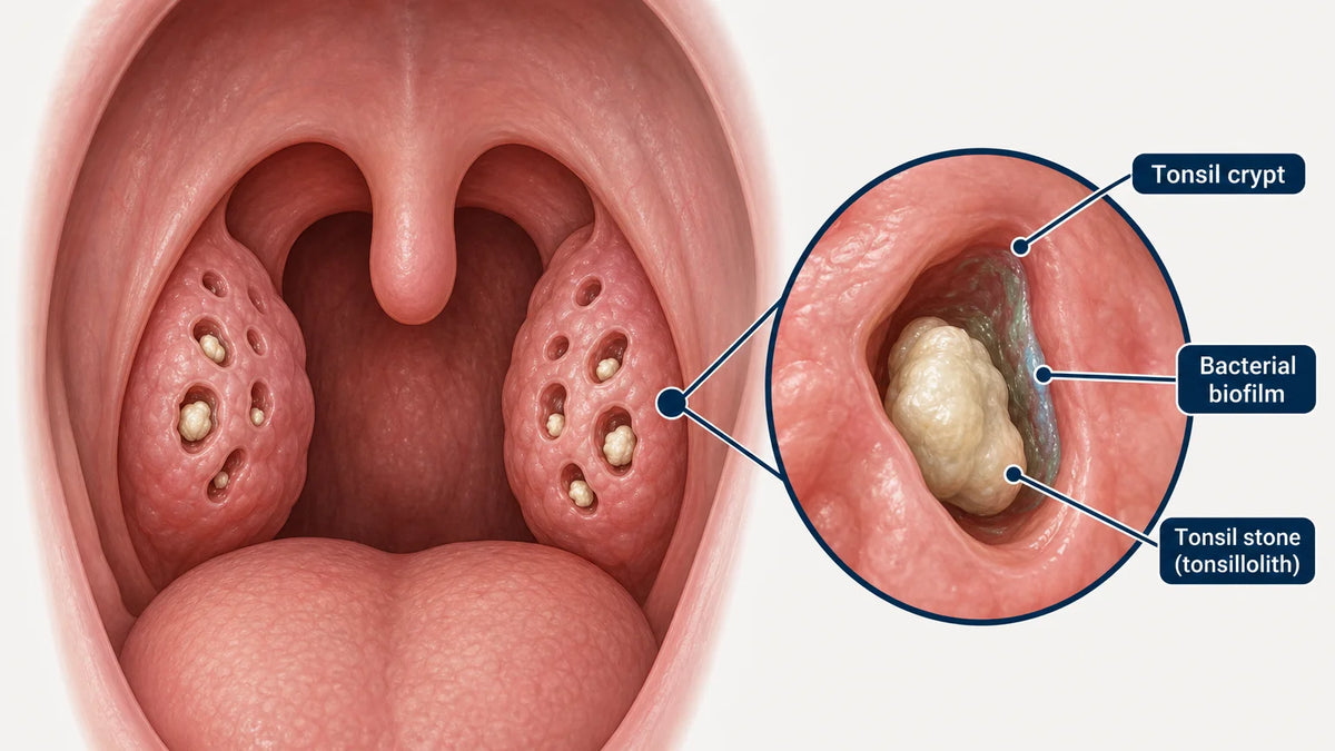 Medical illustration of tonsil crypts containing small tonsil stones