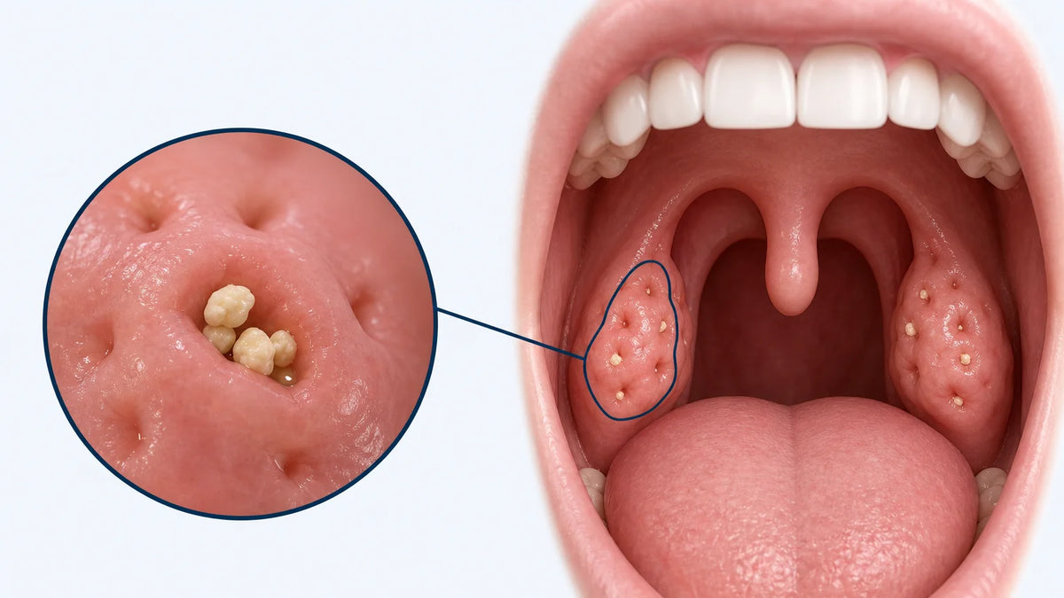 3D medical illustration of tonsil stones lodged in tonsil crypts