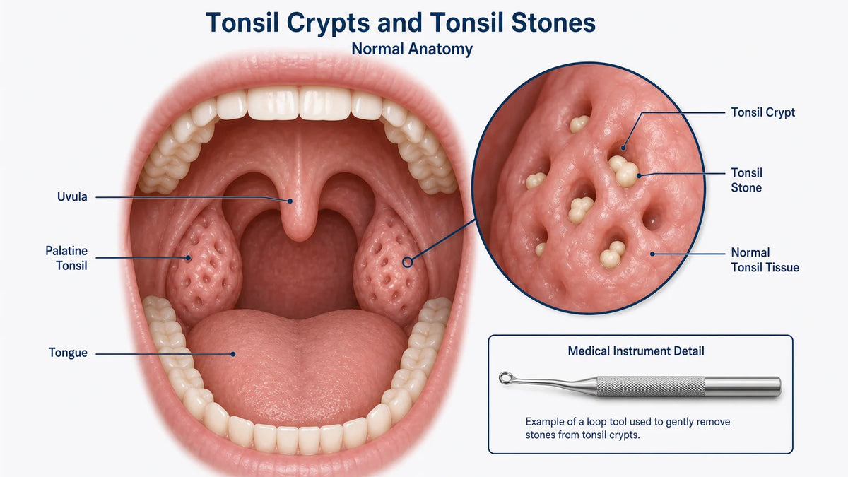 3D medical illustration showing tonsil crypts with small stones lodged in pockets