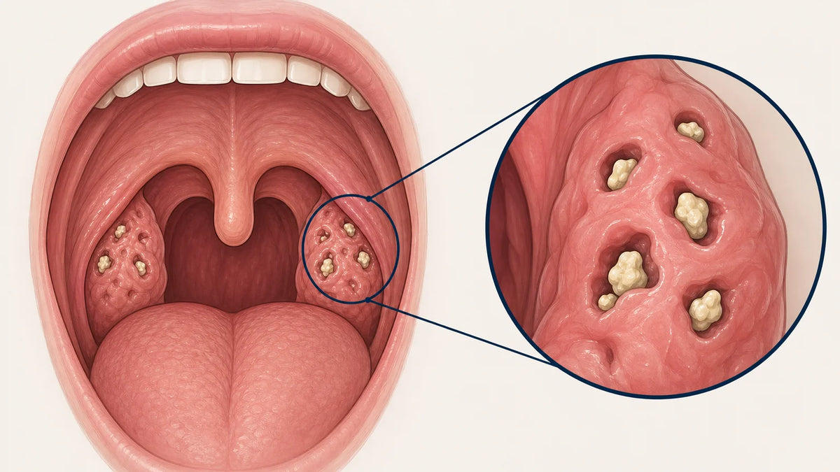 Medical illustration showing tonsil stones lodged in tonsil crypts