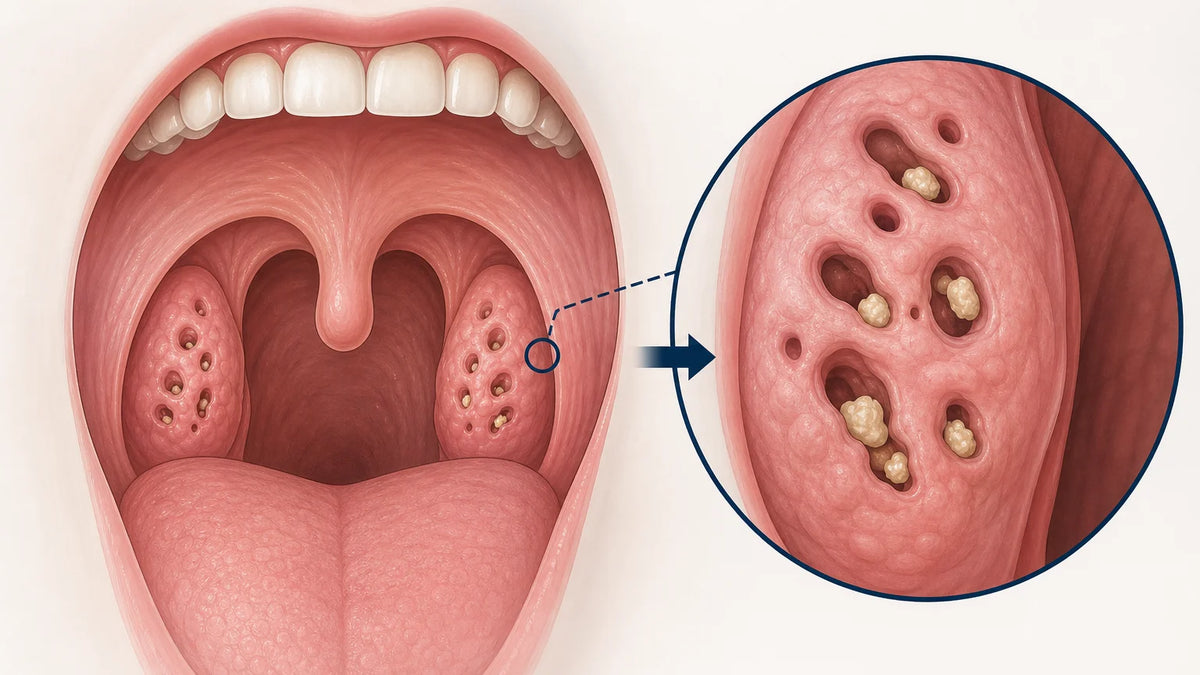3D medical illustration of stones lodged inside tonsil crypts