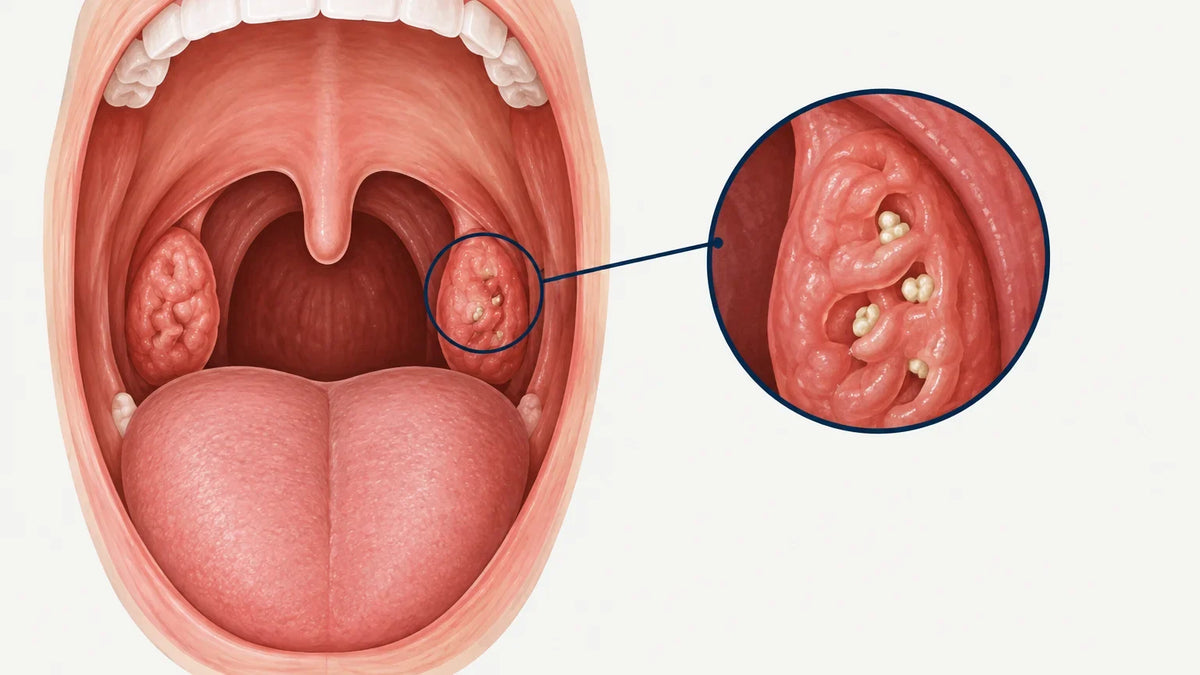 Textbook-style cross-section showing small stones in tonsil crypts Image