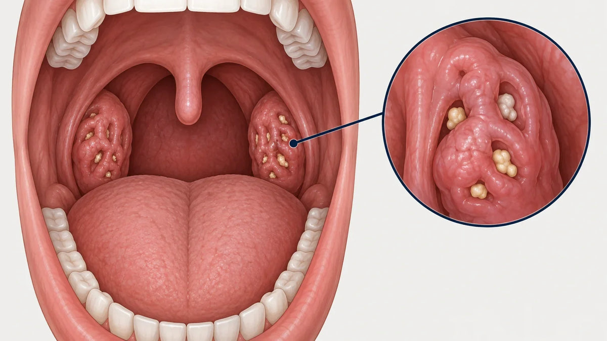 Tonsil stones shown in crypts in a medical illustration