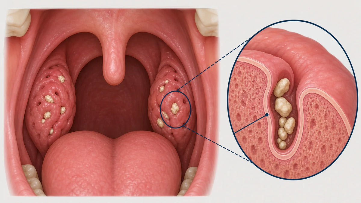 3D medical illustration of tonsil crypts containing small tonsil stones