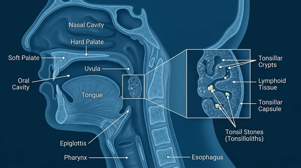 Professional 3D medical illustration of tonsils in cross-section with tonsil stones in the crypts