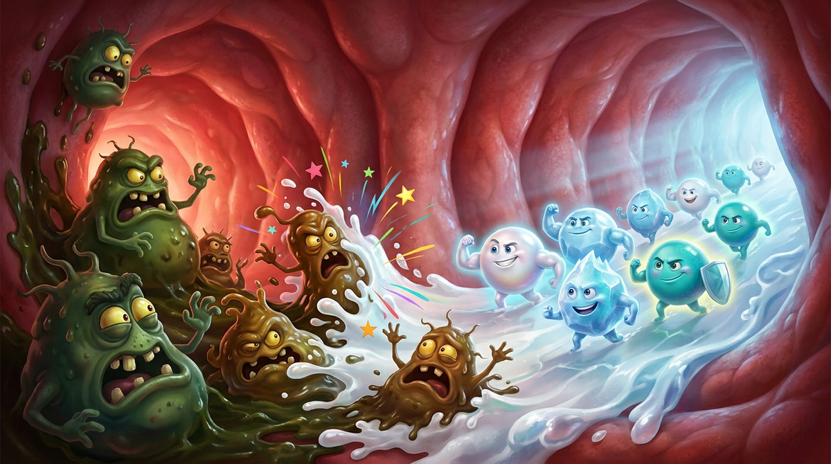 FUN 3D ILLUSTRATION: colorful cartoon battle, heroic active droplets vs grimacing bacteria inside a tonsil crypt. Wide 16:10.